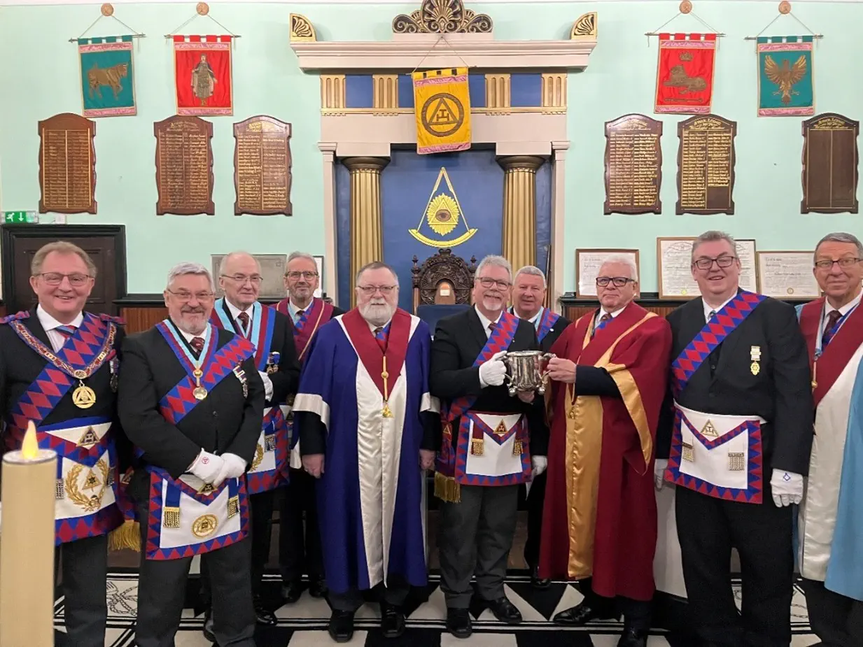 L to R: E Comp’s; G Walker, D Brockhouse, P Gough, T Fisher, N Clarke, S Roadley, M Payne, G Cumberland, Comp Dale Williams (Exaltee), E Comp D Ore. Not in the picture E Comps P Buck & G Cardy