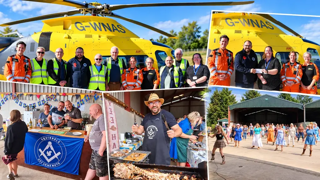 Rugby Freemasons visit the Air Ambulance at Coventry Airport and present a £2,500 donation, with scenes from their fundraising barbecue and line dancing event.