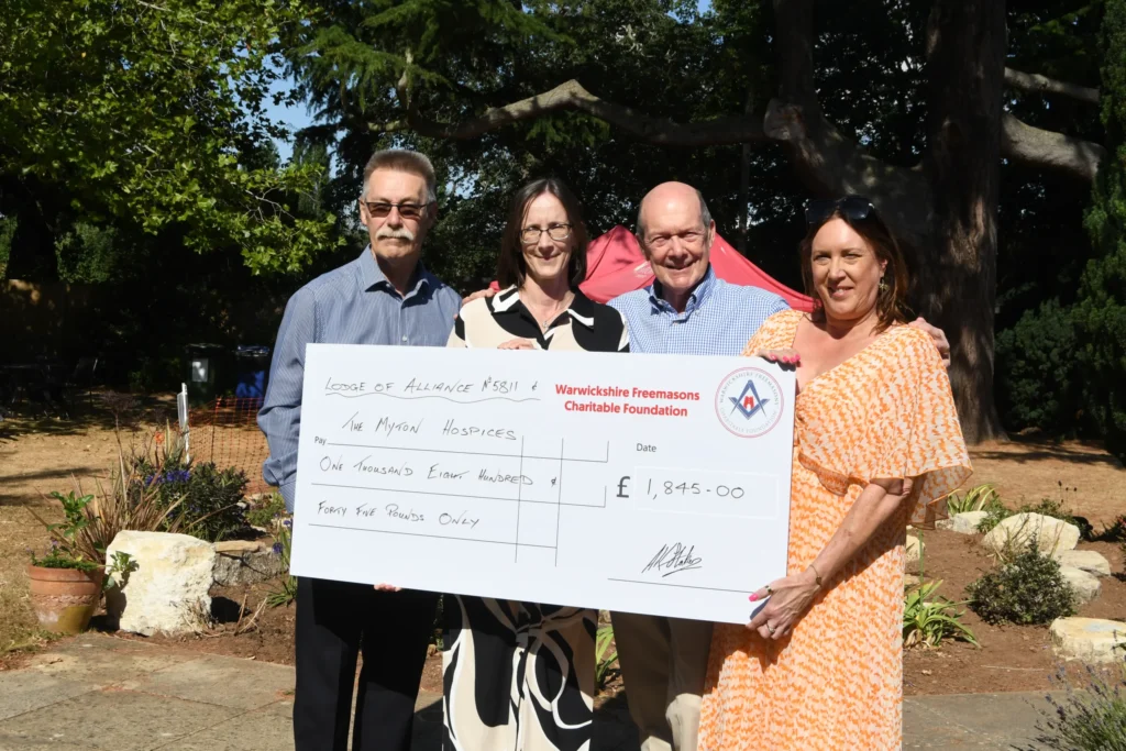 Members and supporters of the Lodge of Alliance No. 5811 present their donation to The Myton Hospices.