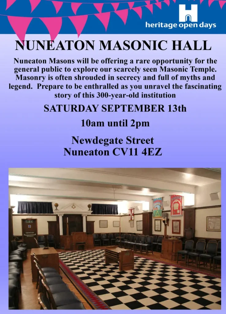 Nuneaton Masonic Hall opens its doors as part of Heritage Open Days on Saturday 13th September 2025