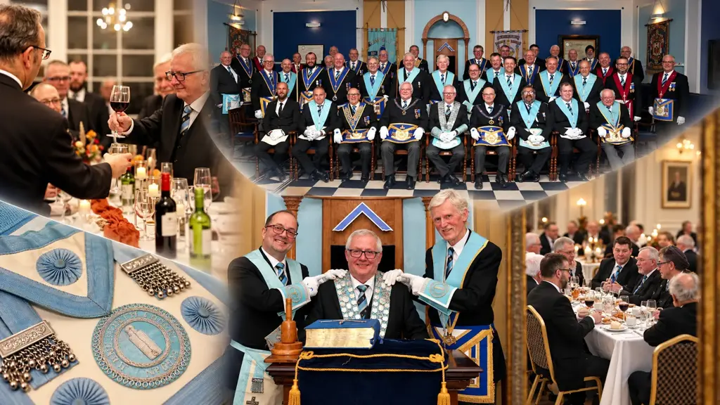 Montage of Kenilworth Lodge's installation meeting at Victoria House, Leamington Spa, showing members in Masonic regalia, the installation ceremony, festive board and lodge apron.