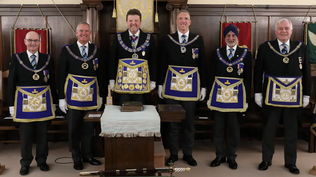 The Warwickshire Freemasons leadership team: David Shakeshaft DeptPGM, Philip Hall PGM and Matthew Perkins AsstPGM. Picture 2: Peter Clarke Asst PGM, David Shakeshaft DepPGM, Philip Hall PGM, Matthew Perkins AsstPGM, Avtar Panesar AsstPGM and John Kisbey AsstPGM.