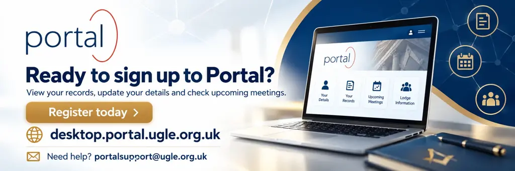 UGLE Portal registration banner encouraging Warwickshire Freemasons to sign up, view their Masonic records, update personal details and check upcoming meetings.