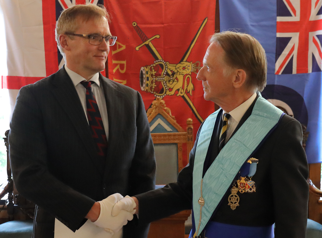 Bro Peter Ridley with RW Bro Oliver Lodge PSGW. The Armed Forces Lodge becomes operational.