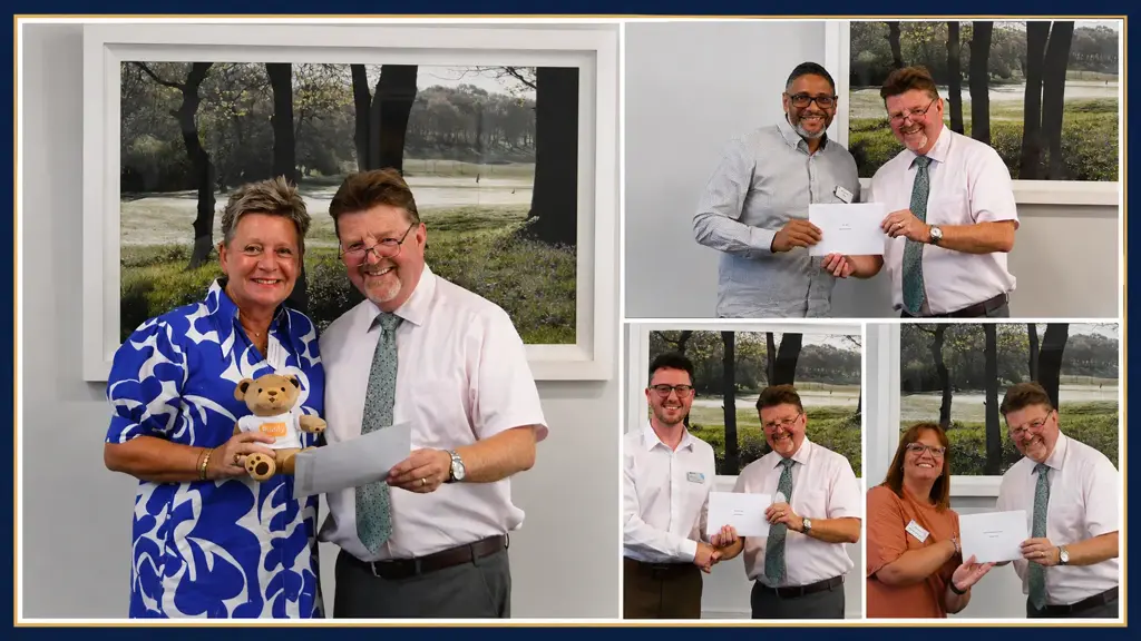 Warwickshire Freemasons presenting charitable donations to representatives of four local charities.