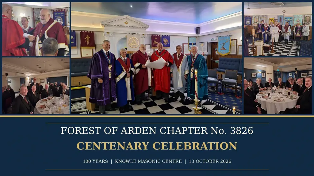 Forest of Arden Chapter No. 3826 Centenary celebration at Knowle Masonic Centre, featuring the Centenary Charter presentation and Companions.